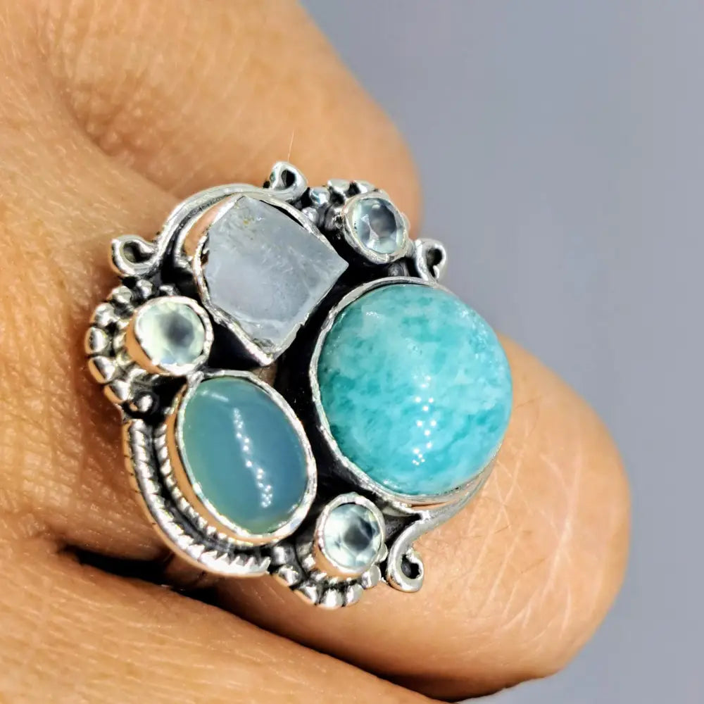 ?OCean Mist’ Sz 7 Ring - Amazonite Chalcedony Topaz Aquamarine Sterling