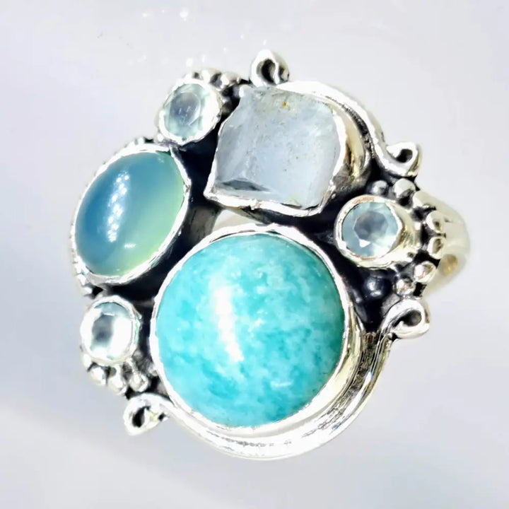 ?OCean Mist’ Sz 7 Ring - Amazonite Chalcedony Topaz Aquamarine Sterling