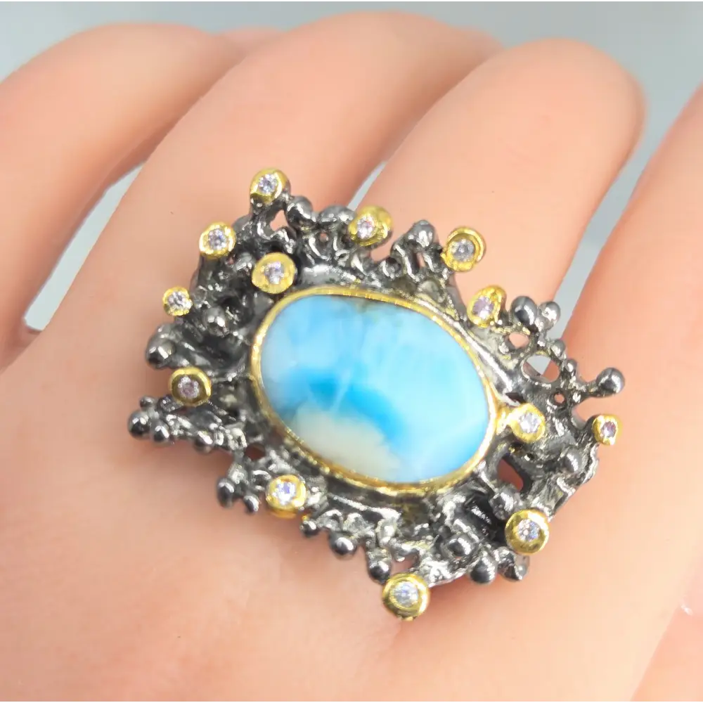 ?OCean Reefer’ Sz 7.5 Ring - Larimar Zircon Black Sterling 18k Accents