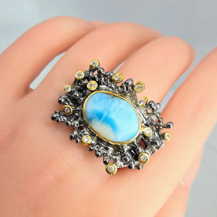 ?OCean Reefer’ Sz 7.5 Ring - Larimar Zircon Black Sterling 18k Accents