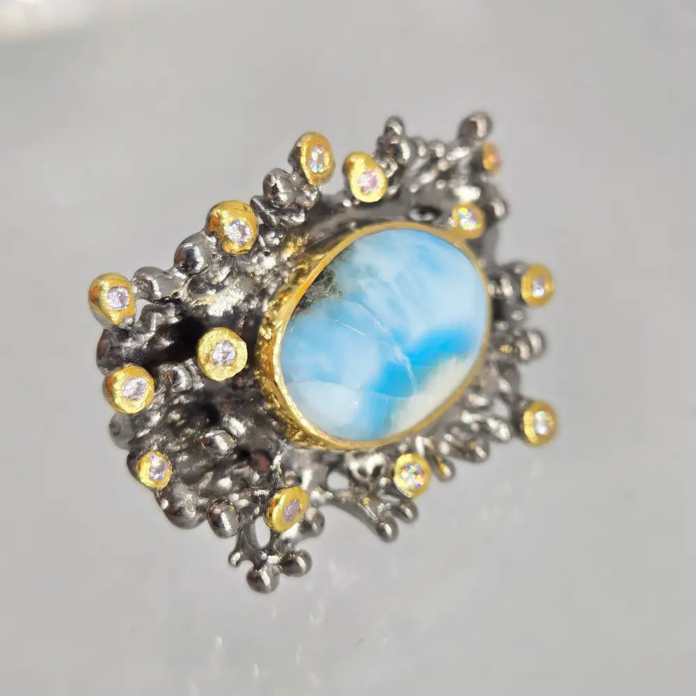 ?OCean Reefer’ Sz 7.5 Ring - Larimar Zircon Black Sterling 18k Accents