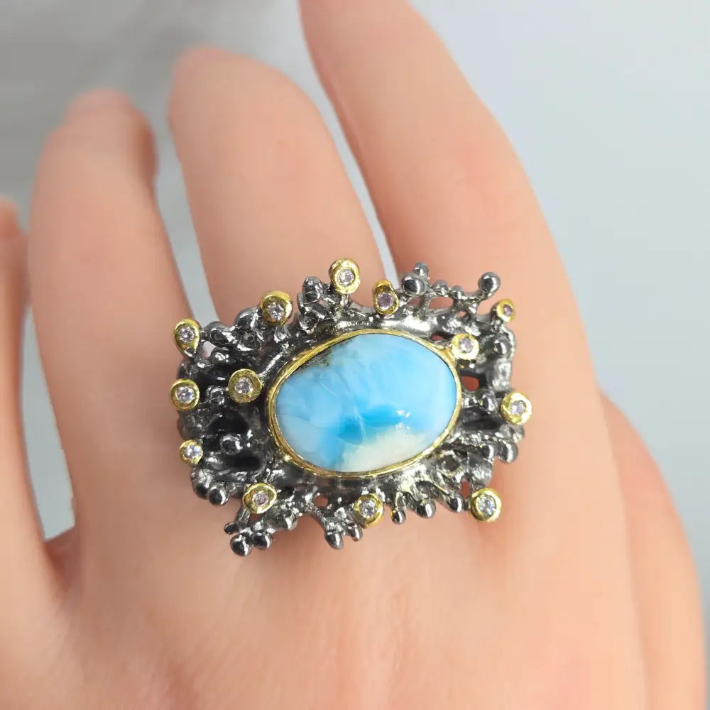 ?OCean Reefer’ Sz 7.5 Ring - Larimar Zircon Black Sterling 18k Accents