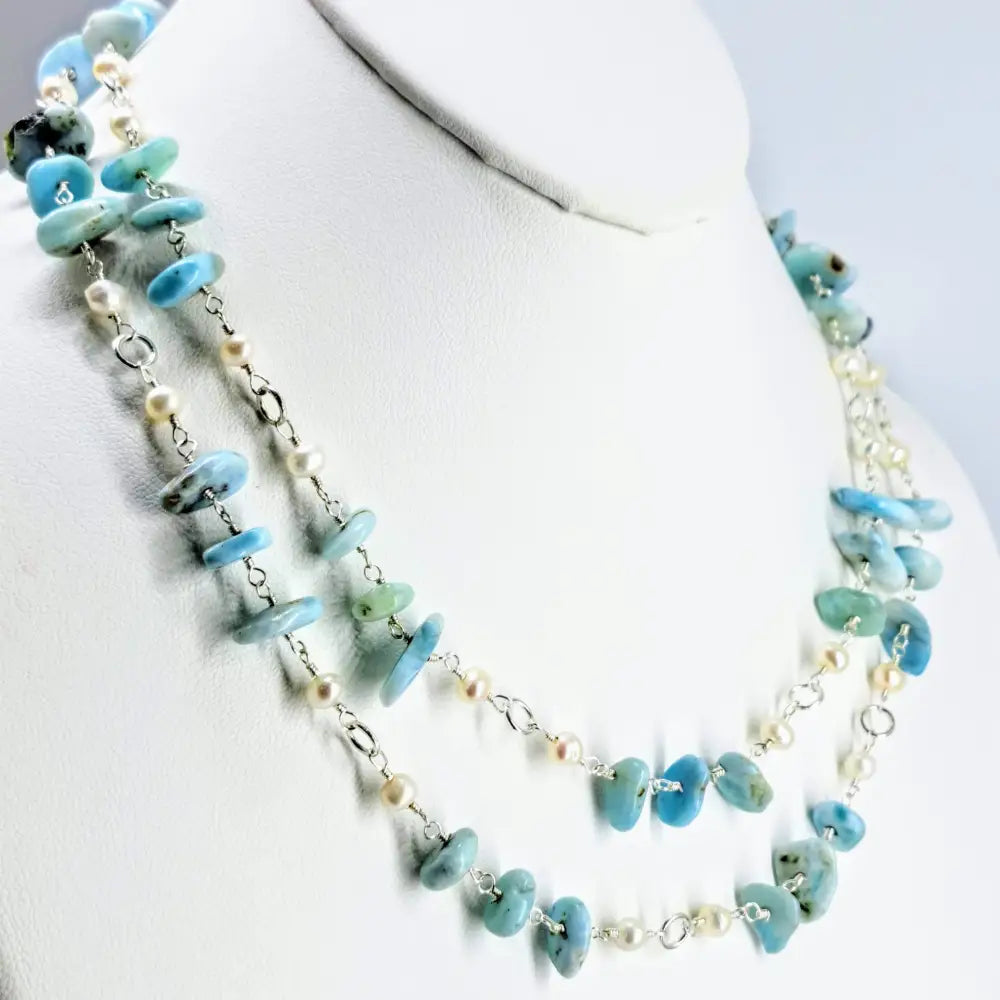 ?OCean Spray’ 36’’ Necklace + Enhancer Clip - Larimar Pearls Anti-tarnish Sterling-fill