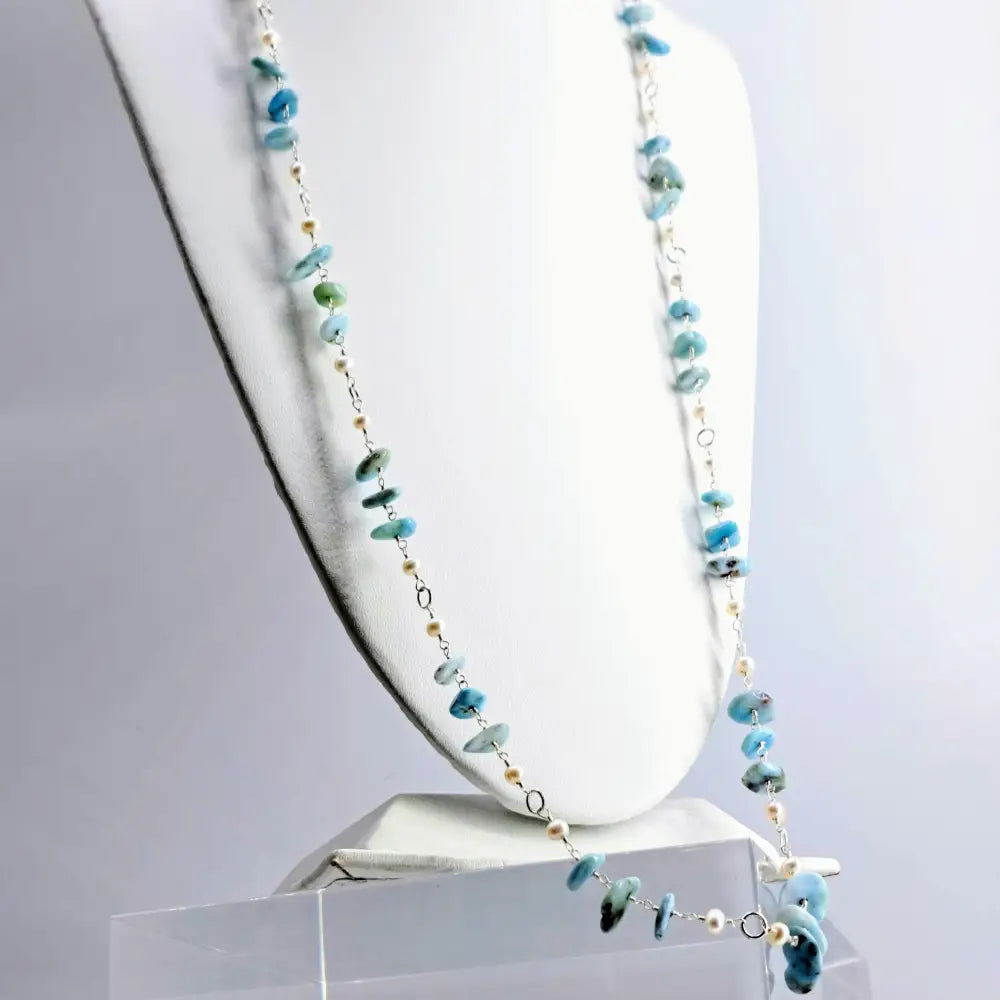 ?OCean Spray’ 36’’ Necklace + Enhancer Clip - Larimar Pearls Anti-tarnish Sterling-fill
