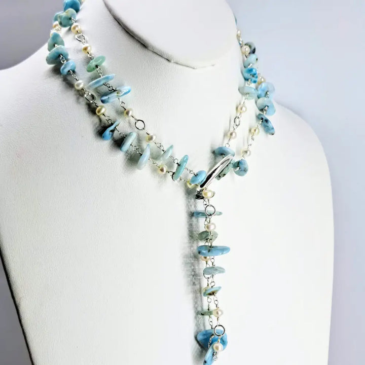 ?OCean Spray’ 36’’ Necklace + Enhancer Clip - Larimar Pearls Anti-tarnish Sterling-fill