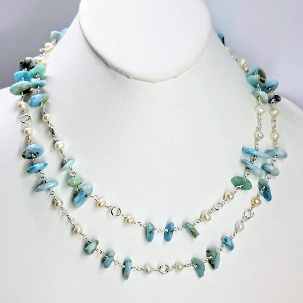 ?OCean Spray’ 36’’ Necklace + Enhancer Clip - Larimar Pearls Anti-tarnish Sterling-fill