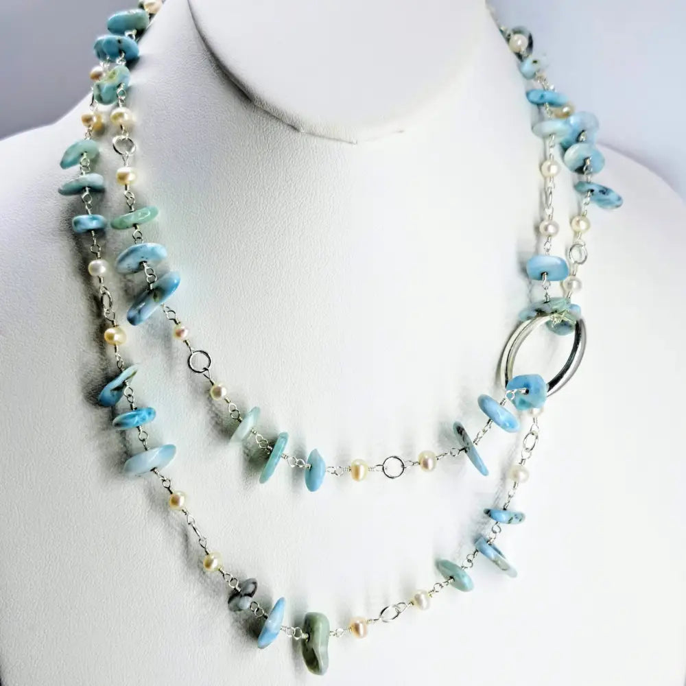 ?OCean Spray’ 36’’ Necklace + Enhancer Clip - Larimar Pearls Anti-tarnish Sterling-fill