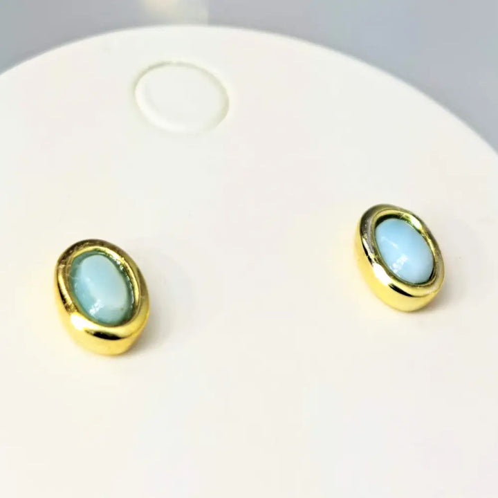 ?OCean’ Tiny (appx. 3mm) Stud Earrings - Larimar Round or Ovals in Sterling Gold - Oval in - Appx 5x7mm