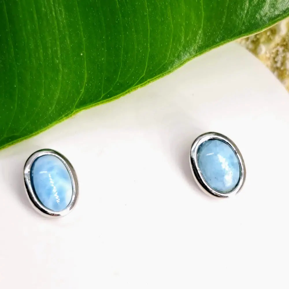 ?OCean’ Tiny (appx. 3mm) Stud Earrings - Larimar Round or Ovals in Sterling Gold - Oval in - Appx 5x7mm