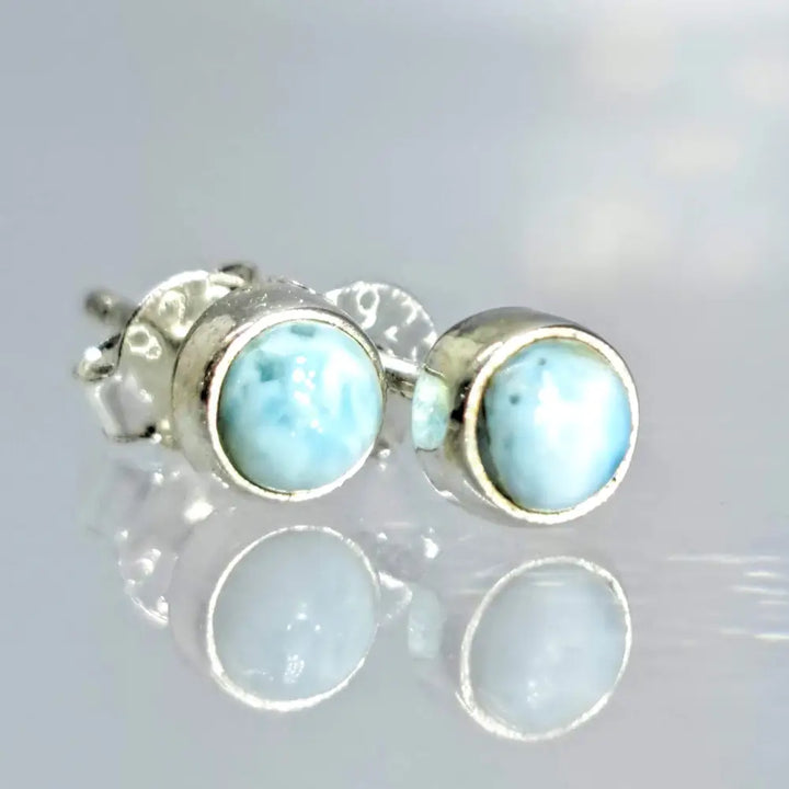 ?OCean’ Tiny (appx. 3mm) Stud Earrings - Larimar Round or Ovals in Sterling Gold