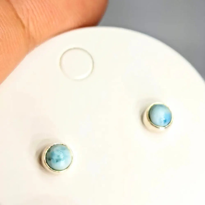 ?OCean’ Tiny (appx. 3mm) Stud Earrings - Larimar Round or Ovals in Sterling Gold