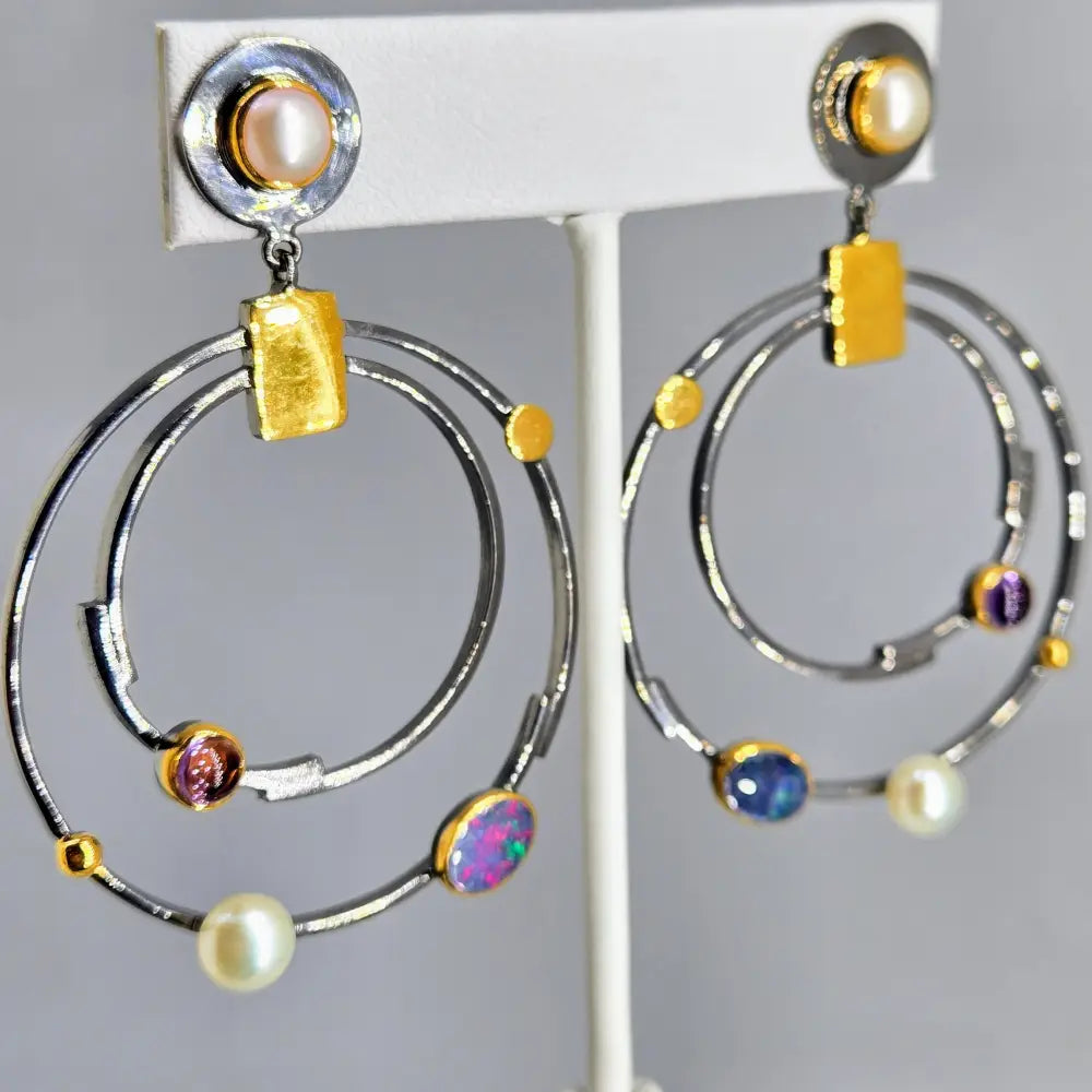 ?ORbicular Beauties’ 2.25’’ Earrings - Opal Amethyst Pearl Black Sterling 18k
