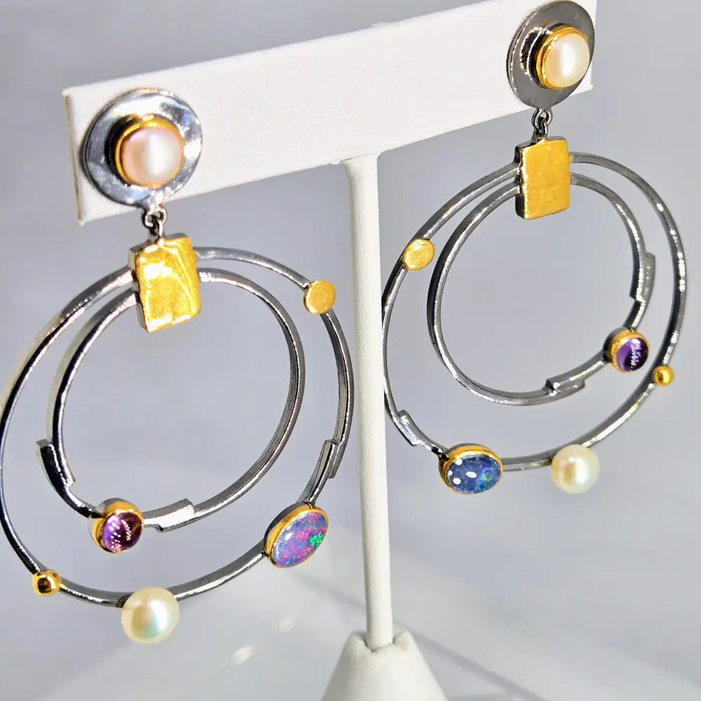 ?ORbicular Beauties’ 2.25’’ Earrings - Opal Amethyst Pearl Black Sterling 18k