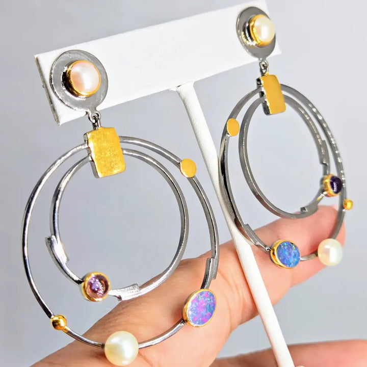 ?ORbicular Beauties’ 2.25’’ Earrings - Opal Amethyst Pearl Black Sterling 18k