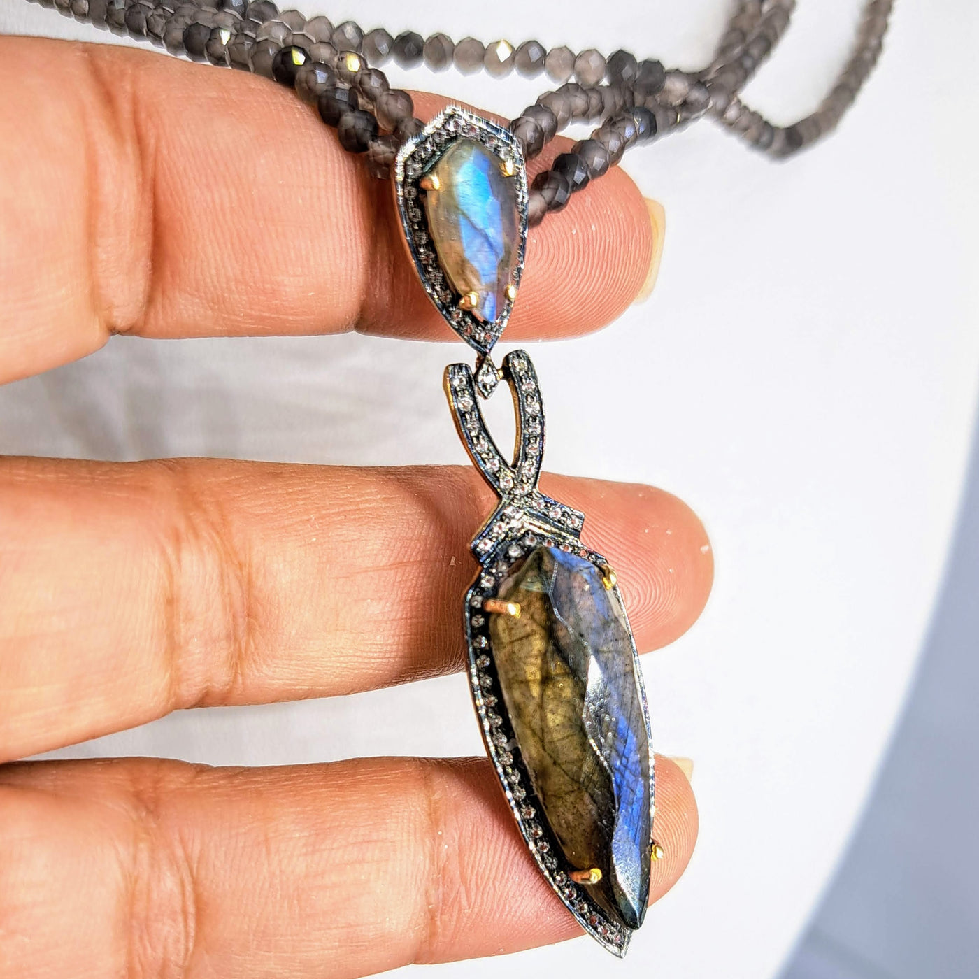 "Mid Summer Night's Dream" 16"-18" Necklace, by Barb - Labradorite, White Topaz, Agate, Sterling with Gold & Black Rhodium Accents