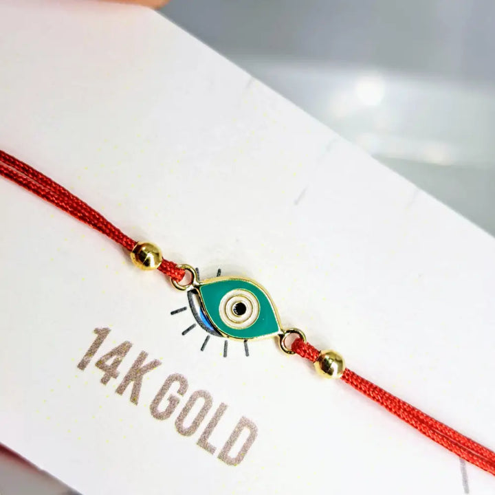 Outlet ?Good Vibes!’ Adj. Sz Bracelets - (many Styles!) 14k Gold Enamel Poly-silk - #1 Simple Eye - Aqua - Pendant