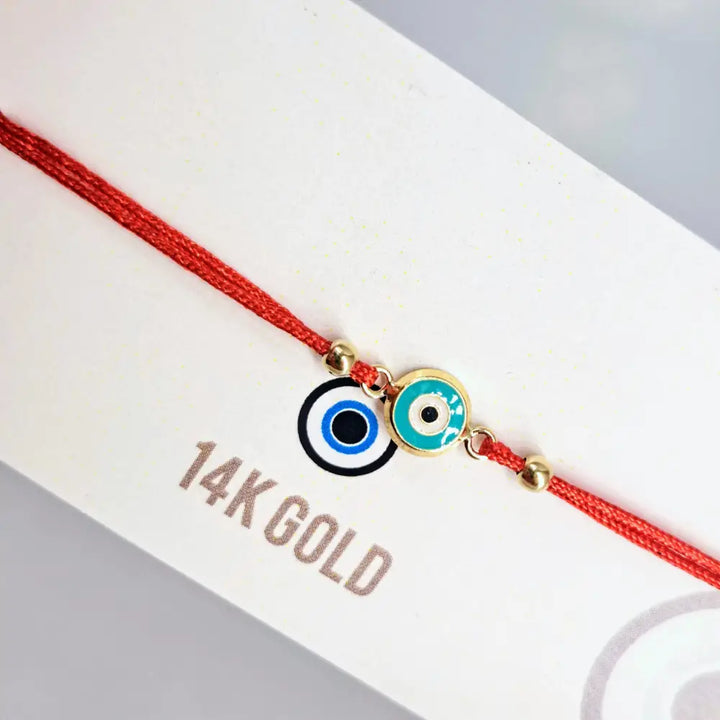 Outlet ?Good Vibes!’ Adj. Sz Bracelets - (many Styles!) 14k Gold Enamel Poly-silk - #10 Simple Round Eye - Teal - Pendant