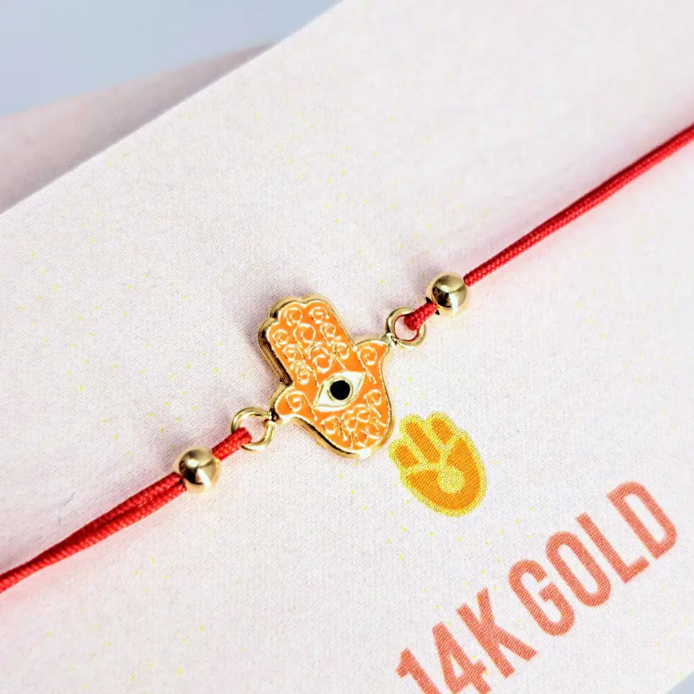 Outlet ?Good Vibes!’ Adj. Sz Bracelets - (many Styles!) 14k Gold Enamel Poly-silk - #6 Hamsa W/eye - Tangerine - Pendant