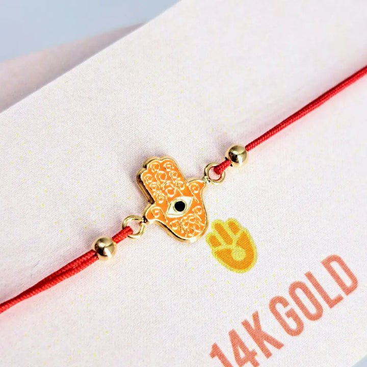 Outlet ?Good Vibes!’ Adj. Sz Bracelets - (many Styles!) 14k Gold Enamel Poly-silk - #6 Hamsa W/eye - Tangerine - Pendant