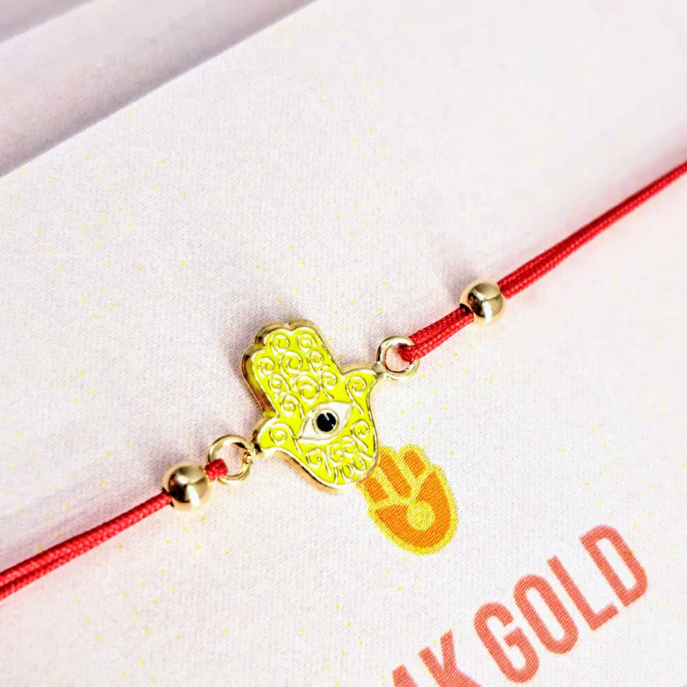 Outlet ?Good Vibes!’ Adj. Sz Bracelets - (many Styles!) 14k Gold Enamel Poly-silk - #4 Hamsa W/eye - Lemon - Pendant
