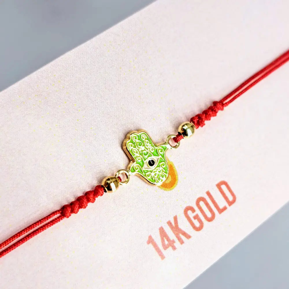 Outlet ?Good Vibes!’ Adj. Sz Bracelets - (many Styles!) 14k Gold Enamel Poly-silk - #5 Hamsa W/eye - Lime - Pendant