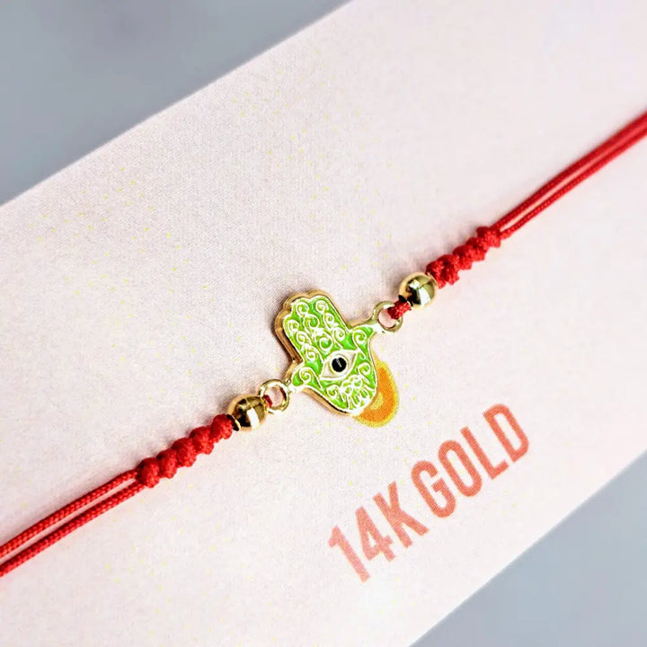 Outlet ?Good Vibes!’ Adj. Sz Bracelets - (many Styles!) 14k Gold Enamel Poly-silk - #5 Hamsa W/eye - Lime - Pendant