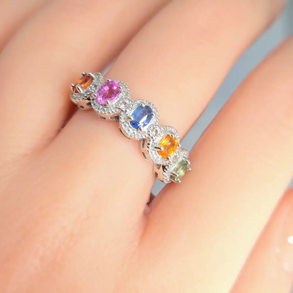 ?OVal the Rainbow’ Sz 7 Ring - Sapphires Diamonds Sterling - Key West Local Luxe