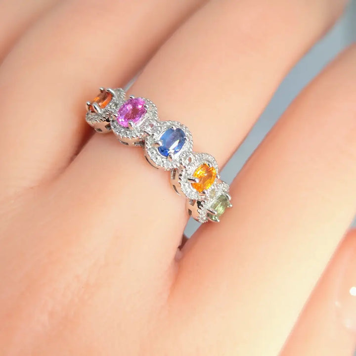 ?OVal the Rainbow’ Sz 7 Ring - Sapphires Diamonds Sterling - Key West Local Luxe