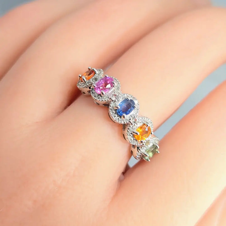 ?OVal the Rainbow’ Sz 7 Ring - Sapphires Diamonds Sterling - Key West Local Luxe