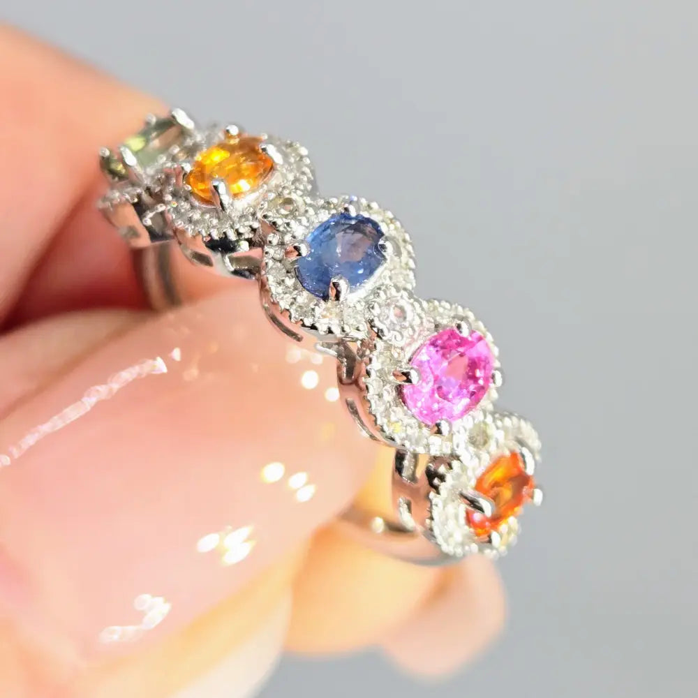 ?OVal the Rainbow’ Sz 7 Ring - Sapphires Diamonds Sterling - Key West Local Luxe