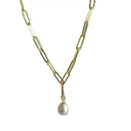 ?PAperclip Pearl Drop’ Adj. Up to 18’’ Necklace - Sterling or 18k Gold