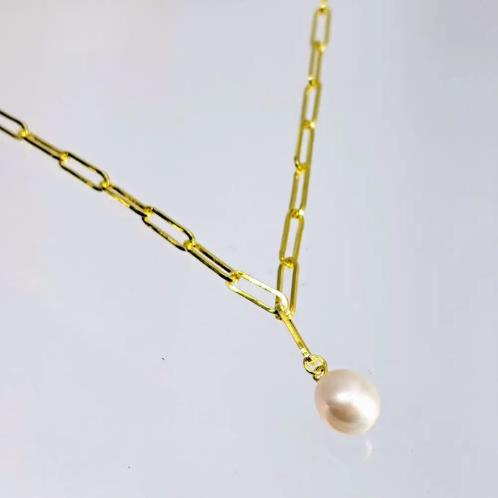 ?PAperclip Pearl Drop’ Adj. Up to 18’’ Necklace - Sterling or 18k Gold