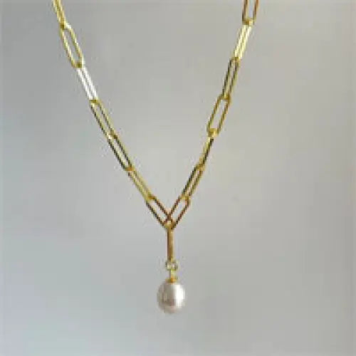 ?PAperclip Pearl Drop’ Adj. Up to 18’’ Necklace - Sterling or 18k Gold