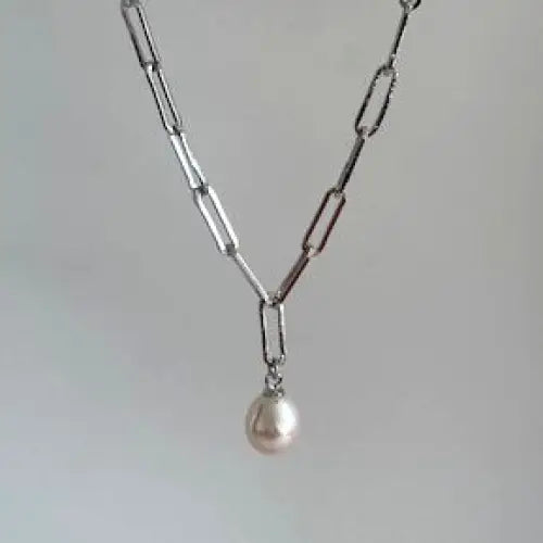 ?PAperclip Pearl Drop’ Adj. Up to 18’’ Necklace - Sterling or 18k Gold - White