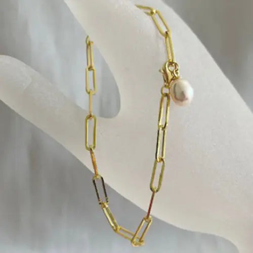 ?PAperclip Pearl Drop’ Adj. Up to 7.5’’ Bracelet - Anti-tarnish Sterling or 18k Gold