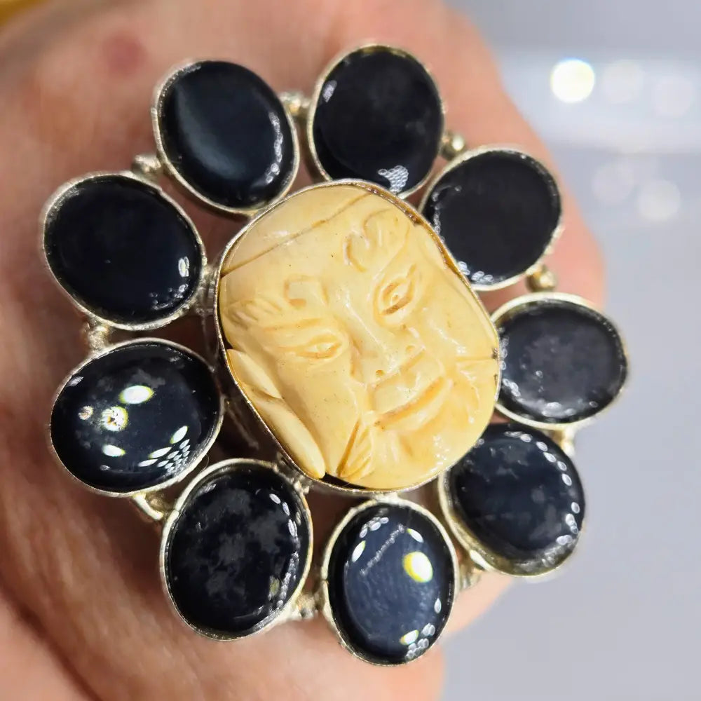 ?PEace-warrior Blossom’ Adj. Size Ring - Bone Glass German Silver