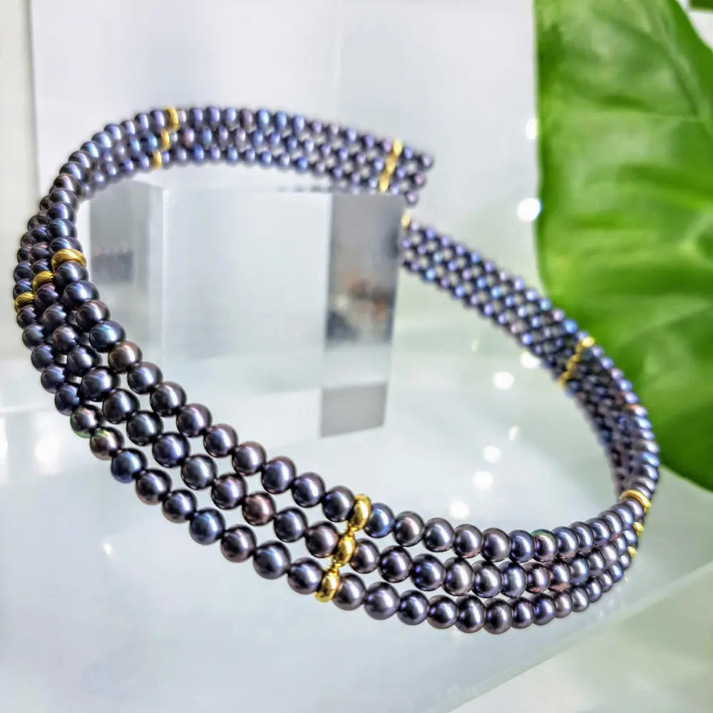 ?PEacock Collar’ 16’’ Flex Collar Necklace - Peacock Pearls 14k Gold