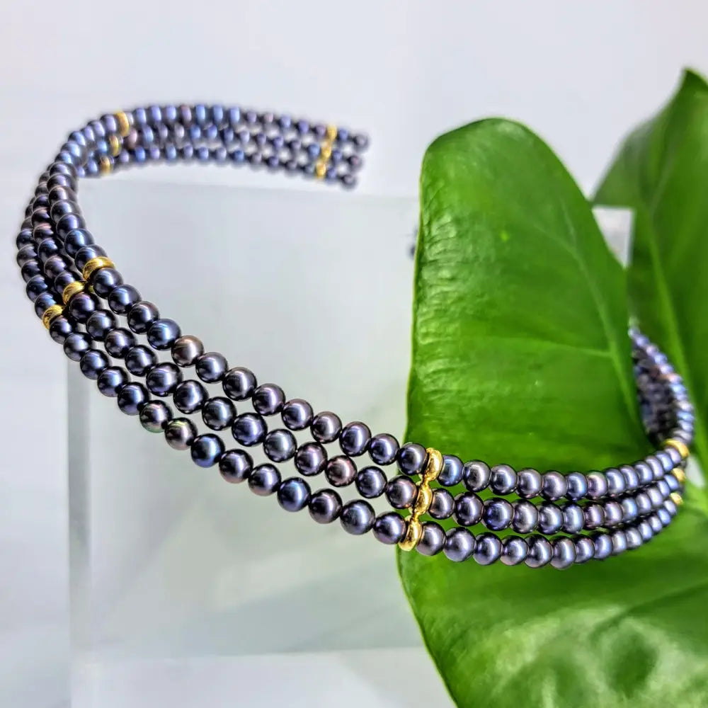 ?PEacock Collar’ 16’’ Flex Collar Necklace - Peacock Pearls 14k Gold