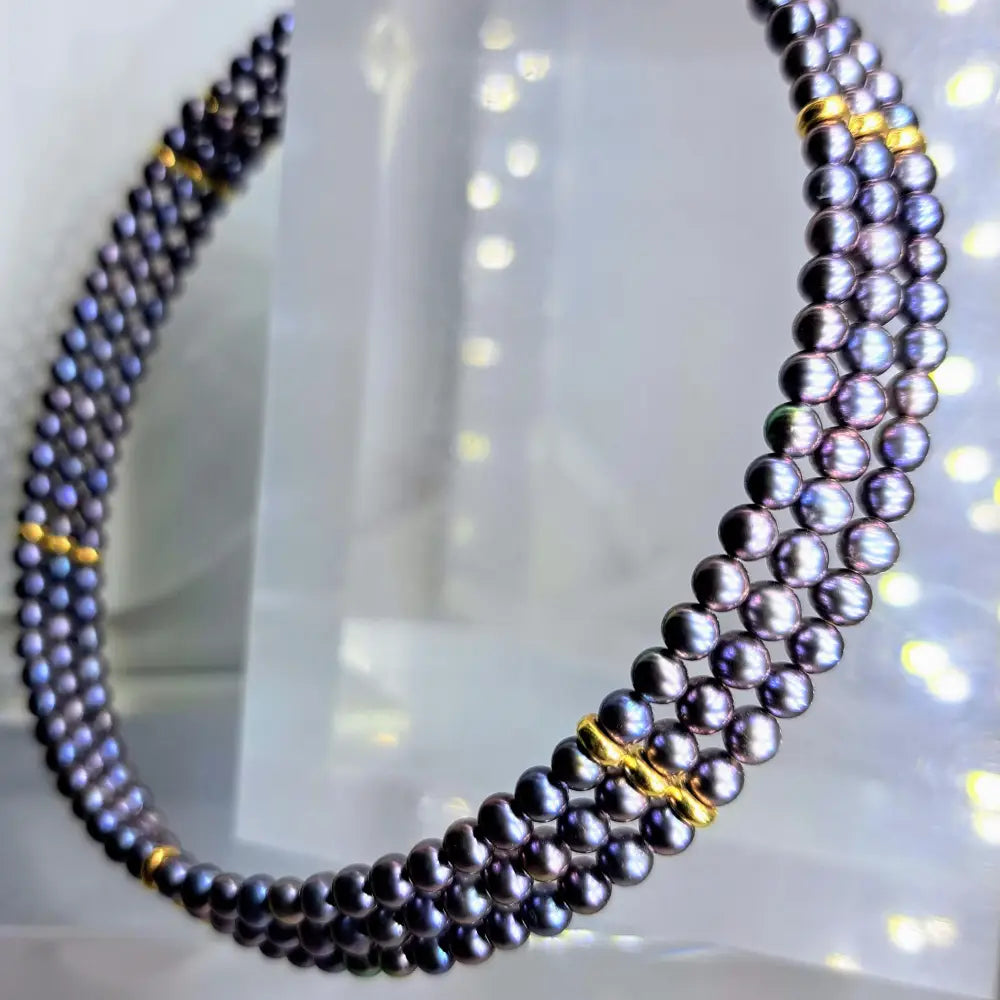 ?PEacock Collar’ 16’’ Flex Collar Necklace - Peacock Pearls 14k Gold