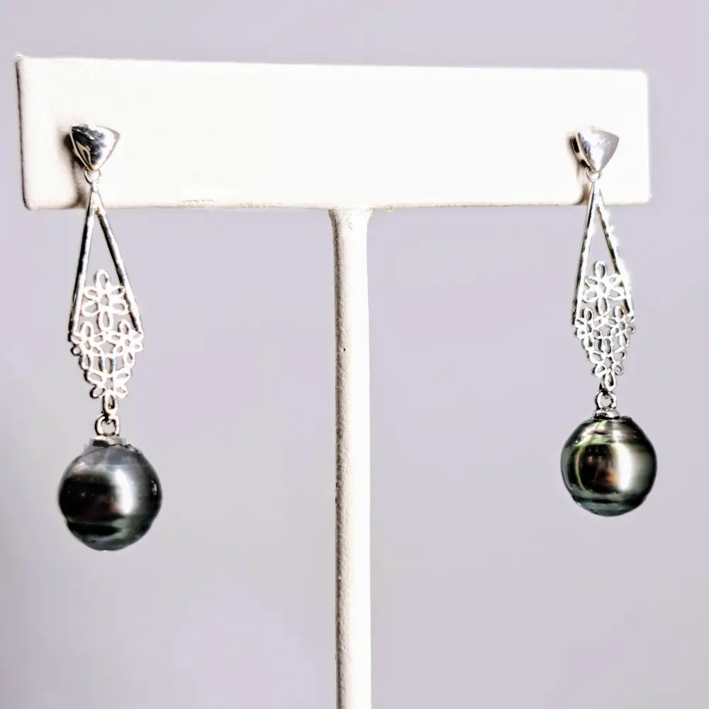 Silver Fan 1.75’’ Earrings - Tahitian Pearl Anti-tarnish Sterling