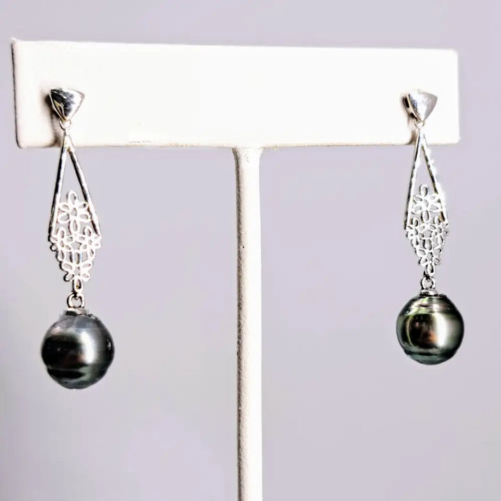 Silver Fan 1.75’’ Earrings - Tahitian Pearl Anti-tarnish Sterling