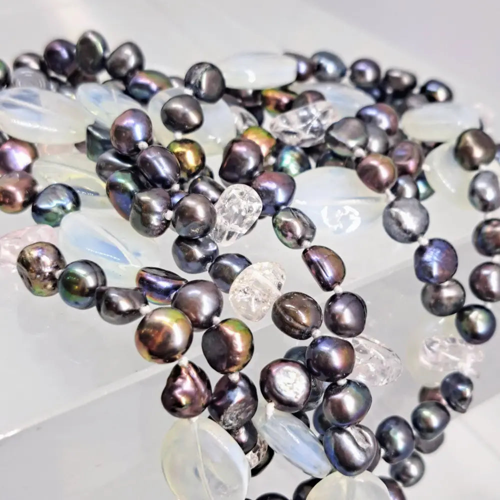 Outlet: ?Peacock-pretty’ 64’’ Necklace - Pearls Crystals Opalite Mixed Gems (your Choice) - White