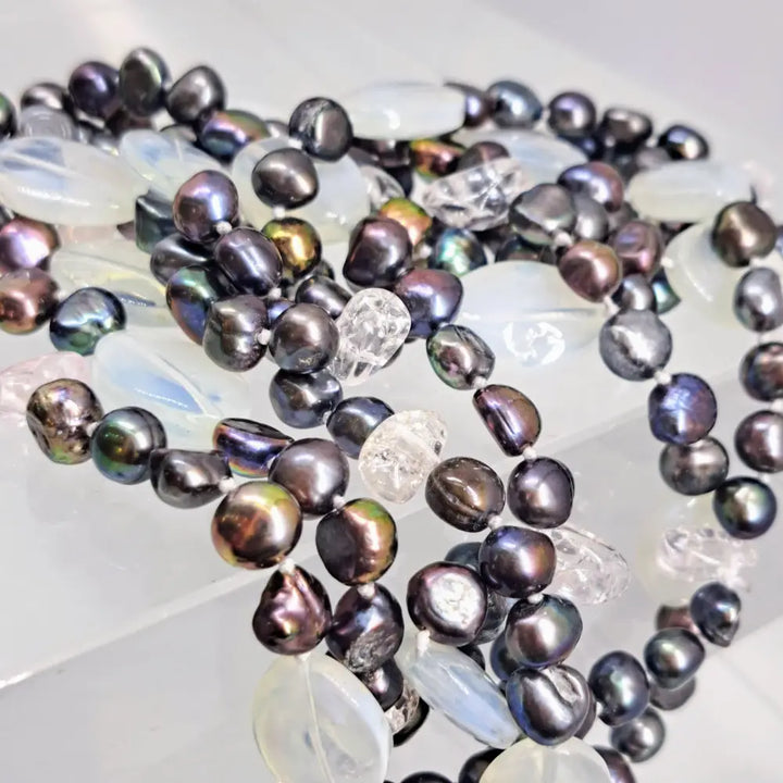 Outlet: ?Peacock-pretty’ 64’’ Necklace - Pearls Crystals Opalite Mixed Gems (your Choice) - White