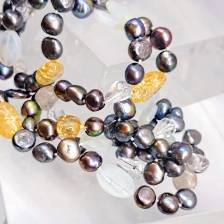 Outlet: ?Peacock-pretty’ 64’’ Necklace - Pearls Crystals Opalite Mixed Gems (your Choice) - Yellow