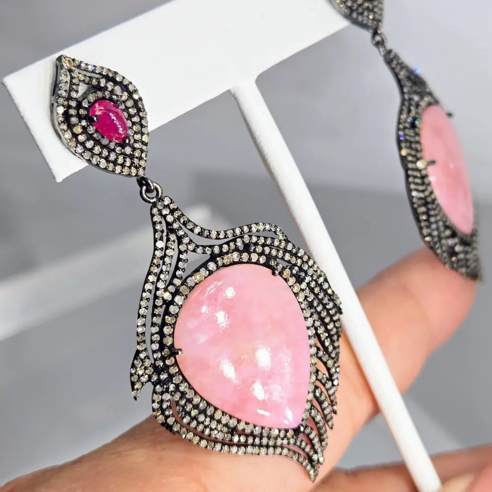 ?PEacocks Giving ?Flamingo’’ 2.75’’ Earrings - Pink Peruvian Opal Diamonds Black Sterling