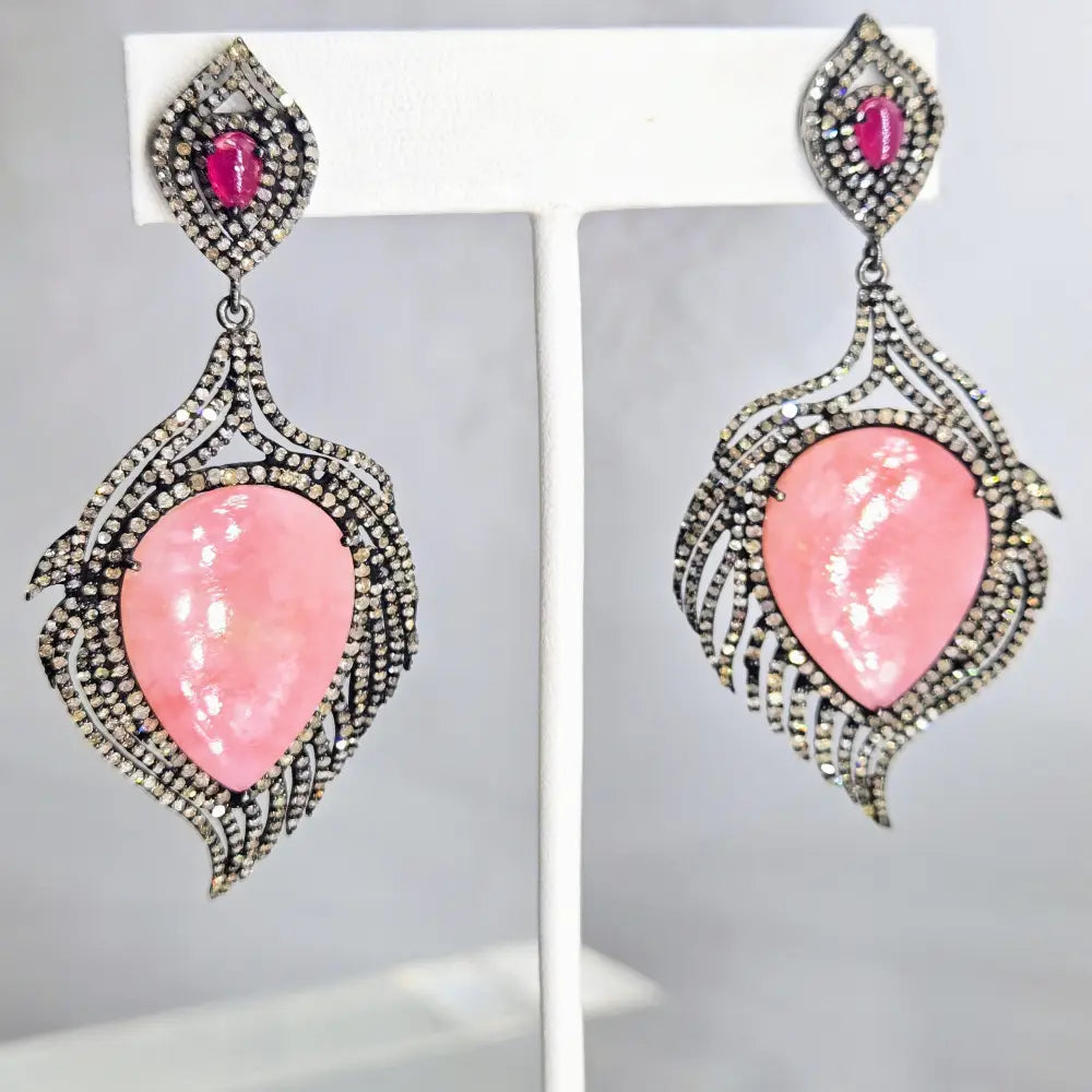 ?PEacocks Giving ?Flamingo’’ 2.75’’ Earrings - Pink Peruvian Opal Diamonds Black Sterling