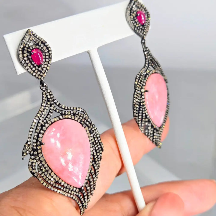 ?PEacocks Giving ?Flamingo’’ 2.75’’ Earrings - Pink Peruvian Opal Diamonds Black Sterling