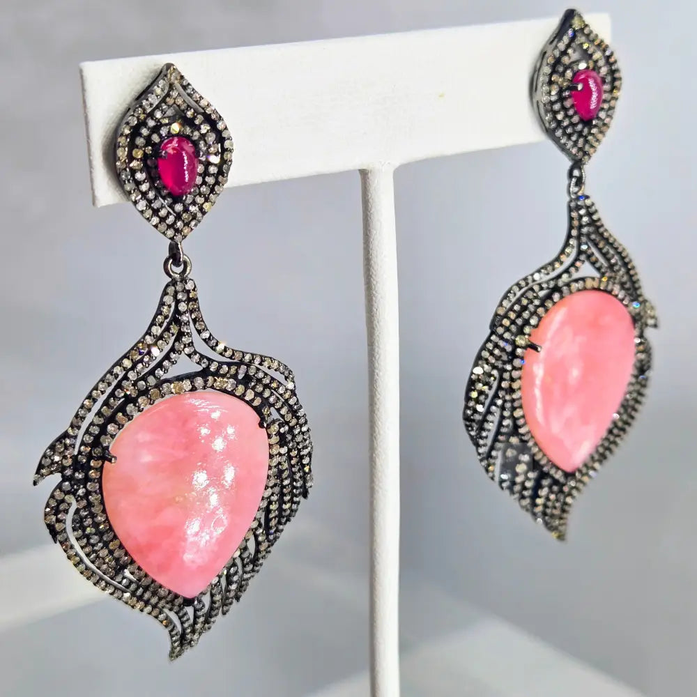 ?PEacocks Giving ?Flamingo’’ 2.75’’ Earrings - Pink Peruvian Opal Diamonds Black Sterling