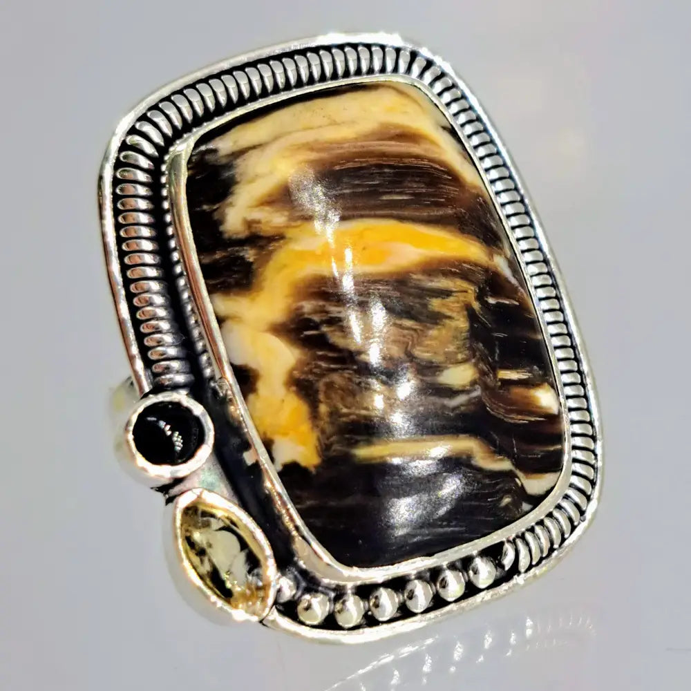 ?PEanut Butter Cup’ Sz 7 Ring - Petrified Palm Wood Citrine Onyx Sterling