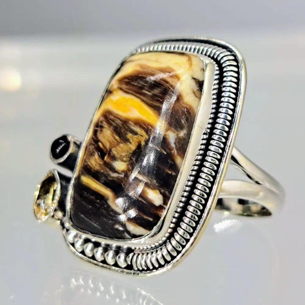 ?PEanut Butter Cup’ Sz 7 Ring - Petrified Palm Wood Citrine Onyx Sterling